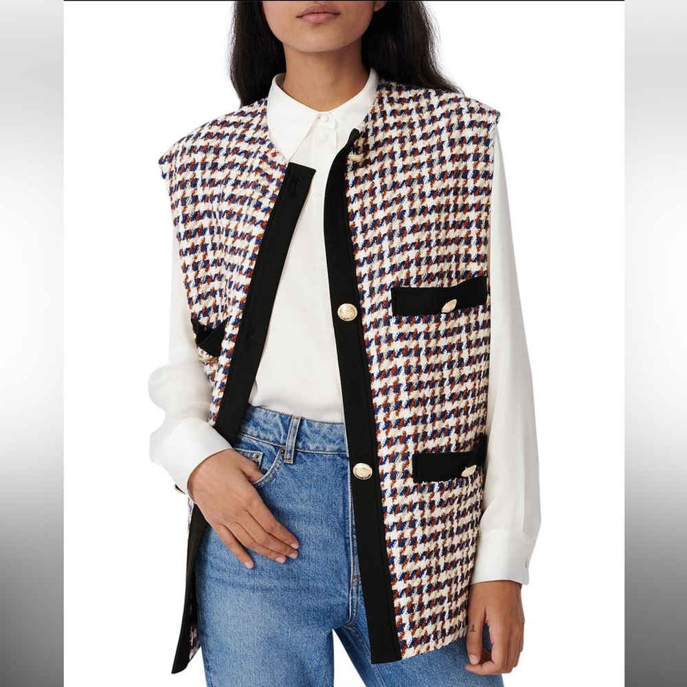 Maje Houndstooth Vest with Black Accents